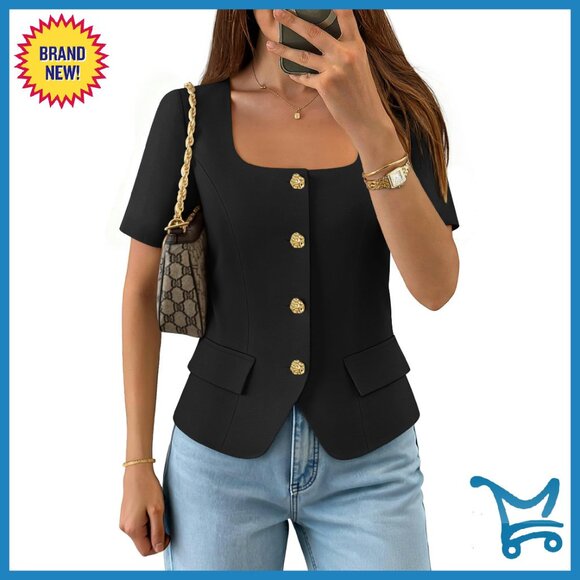 Square Neck Short Sleeve Blazer Vest Top Crop Work Blouse